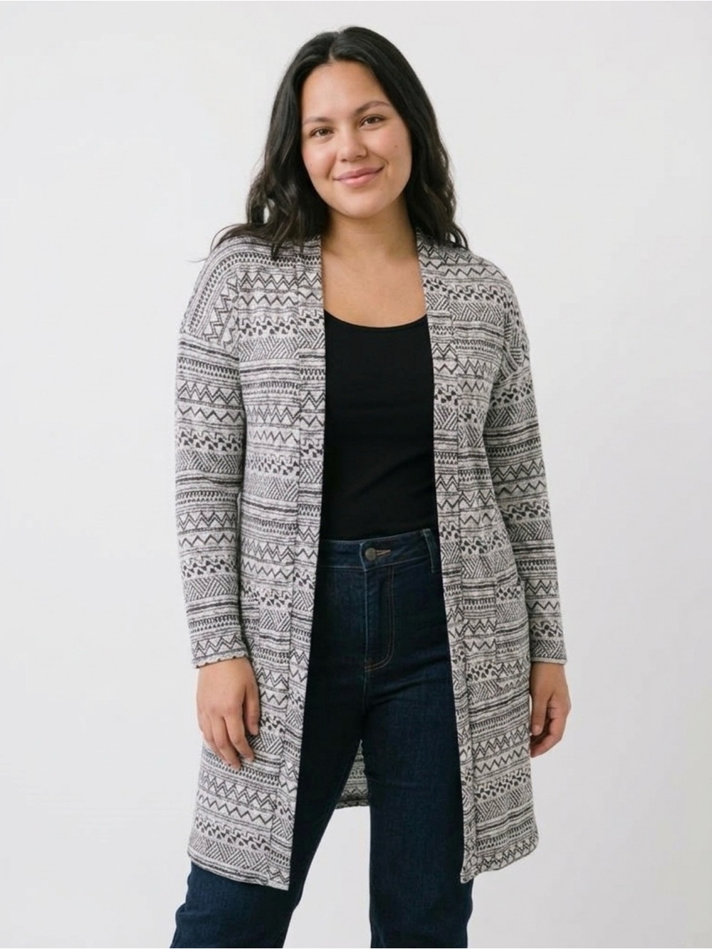 Patterned Gray Open-Front Sweater Lovely and Lightweight